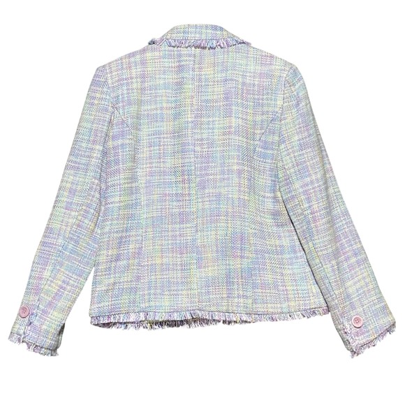 NY Collection Tweed Blazer Jacket Pastel Plaid Fringe Women's‎ S Career Bohemian - Picture 2 of 9